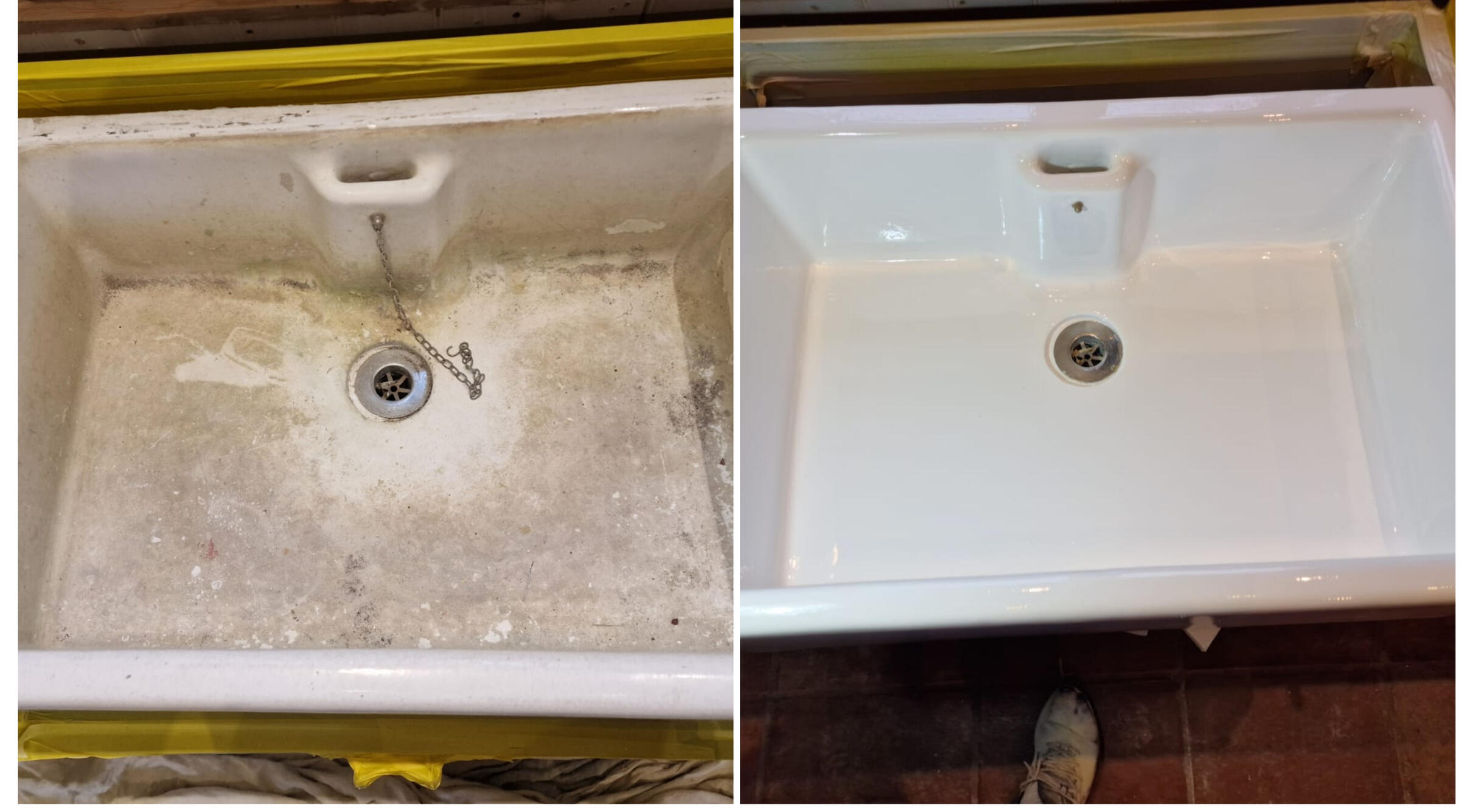 BELFAST KITCHEN SINK RESTORED IN Wolverhampton BEFORE AND AFTER PHOTOS OF A KITCHEN CERAMIC BELFAST SINK, WAS DAMAGED AND FULL OF CHIPS, FULLY RESORED TO A LIKE NEW FINISH IN Wolverhampton