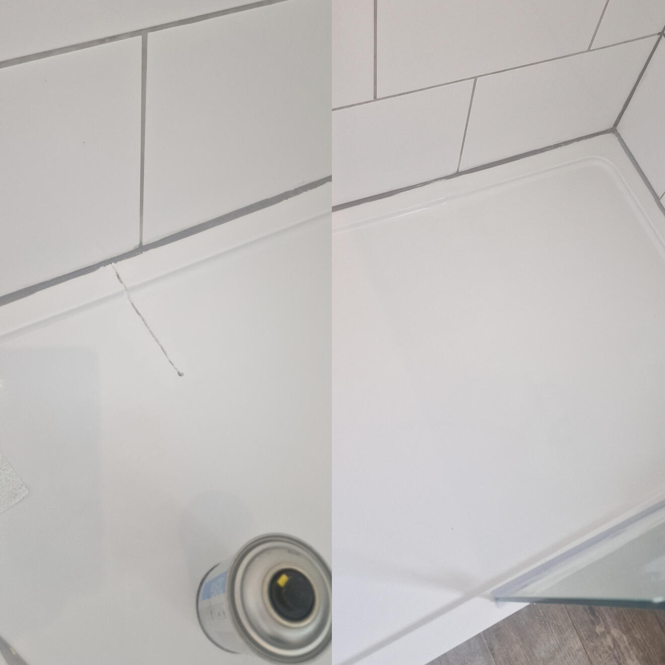 Shower tray crack repair Before and after stone resin shower tray crack repair in Coventry