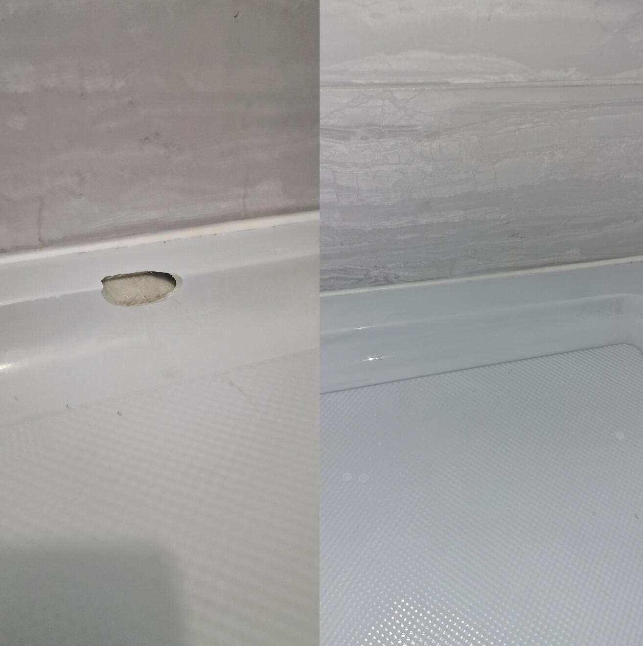 BEFORE AND AFTER PICTURES OF A STONE RESIN SHOWER TRAY CHIP REPAIR Before and after pictures of a shower Tray repair Wolverhampton