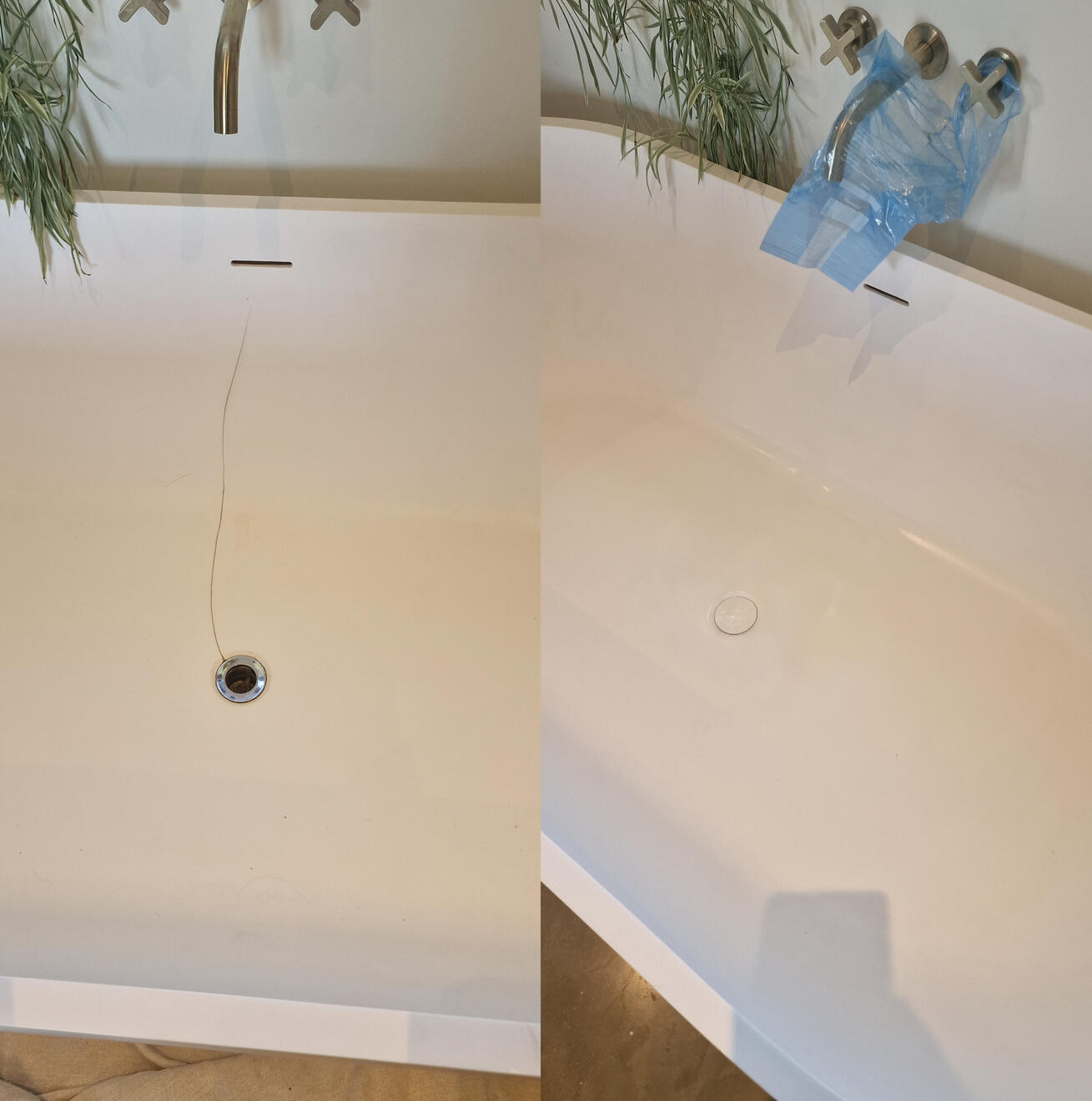 before and after pictures of a stone resin acrylic bath crack repair Reinforced stone resin bath crack repair in Wolverhampton