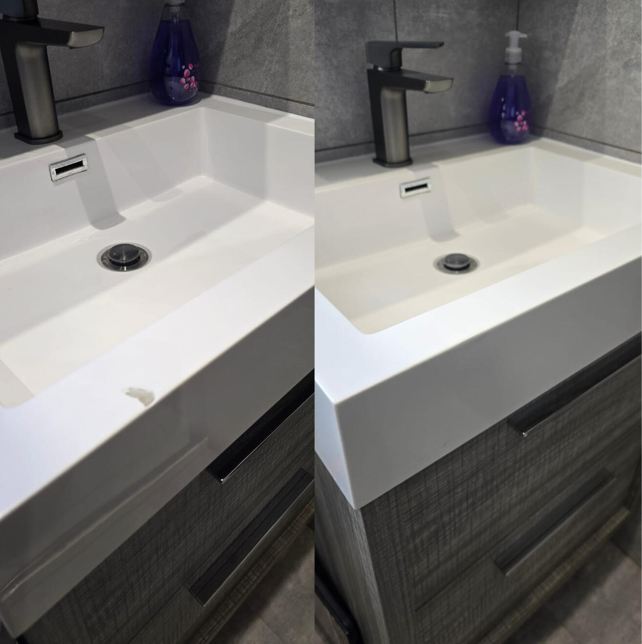 BEFORE AND AFTER PICTURES OF A COMPOSITE BATHROOM BASIN CHIP REPAIR Before and after composite bathroom basin chip repair in Wolverhampton.
