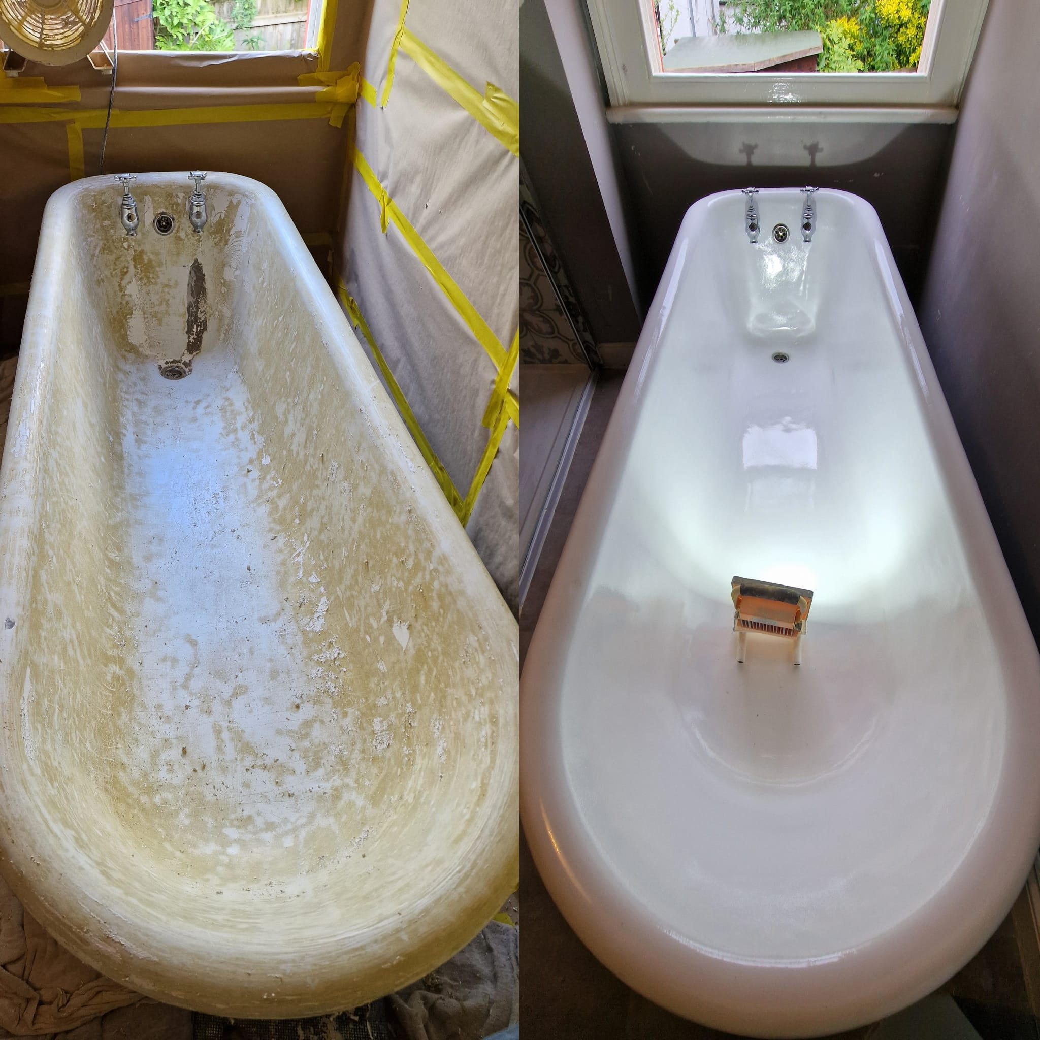 PICTURE OF A BEFORE AND AFTER OF A ROLL TOP CAST IRON BATH Before and after roll top cast iron bath re-enamelling in Wolverhampton